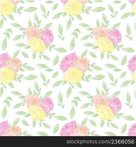 Colorful roses seamless pattern on white background. Vector illustration.