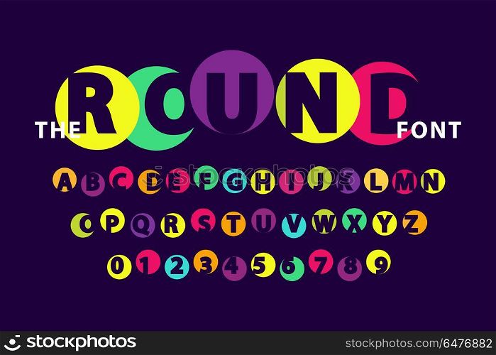 Colorful Round Font Illustration on Dark Purple. Colorful round font isolated vector illustration on dark purple background. Capital English letters with Arabic numerals below, creative alphabet