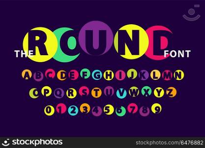 Colorful Round Font Illustration on Dark Purple. Colorful round font isolated vector illustration on dark purple background. Capital English letters with Arabic numerals below, creative alphabet