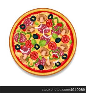 Colorful Round Tasty Pizza. Colorful round tasty pizza on white background with salami tomato mushrooms and olives flat isolated vector illustration