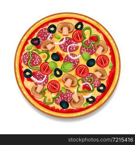 Colorful round tasty pizza on white background with salami tomato mushrooms and olives flat isolated vector illustration. Colorful Round Tasty Pizza