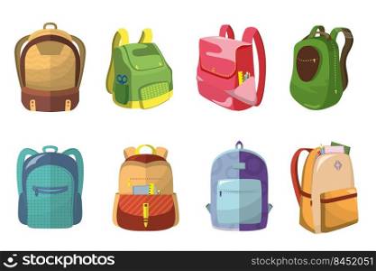 Colorful school bags set. Kids backpacks with school supplies in open pockets, schoolbags children. Vector illustration for back to school, education, stationery concept