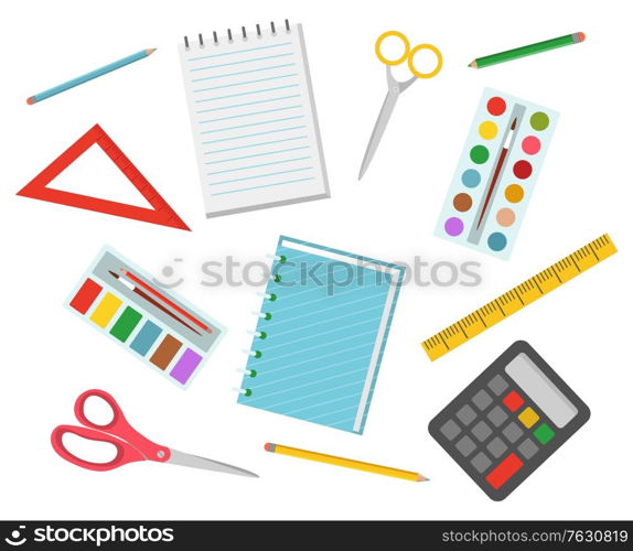 Colorful school supplies isolated on white background. Stationery set of notebook, pencils, scissors, ruler, paints and brush, calculator vector illustration. Back to school concept. Flat cartoon. Colorful School Supplies, Stationery Set Vector