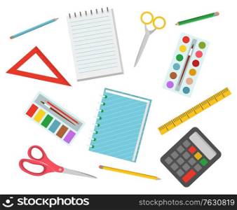 Colorful school supplies isolated on white background. Stationery set of notebook, pencils, scissors, ruler, paints and brush, calculator vector illustration. Back to school concept. Flat cartoon. Colorful School Supplies, Stationery Set Vector