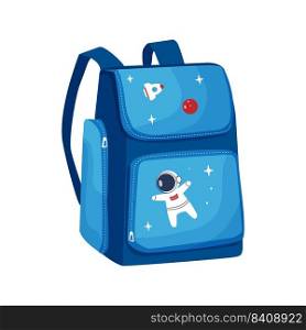 Colorful schoolbag flat icon. Blue Backpack with astronaut and rocket image, zippers isolated on white background. Vector illustration.. Colorful schoolbag flat icon. Blue Backpack with space image, zippers isolated on white background. Vector illustration.