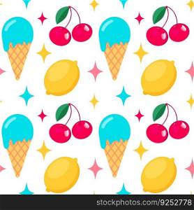 Colorful seam≤ss∑mer pattern with ice cream,≤mons, cherry and stars. Fashion pr∫design, vector illustration. Colorful seam≤ss∑mer pattern with ice cream,≤mons, cherry and stars