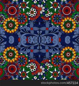 Colorful seamless background with floral designs and full frame intricate geometric patterns. Colorful seamless background with floral designs
