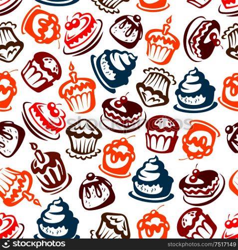 Colorful seamless birthday cakes pattern for celebration party and festive backdrop design with bright sketches of cakes, cupcakes, berry pies and muffins with candles, fruits and cream decoration. Birthday cakes with candles seamless pattern