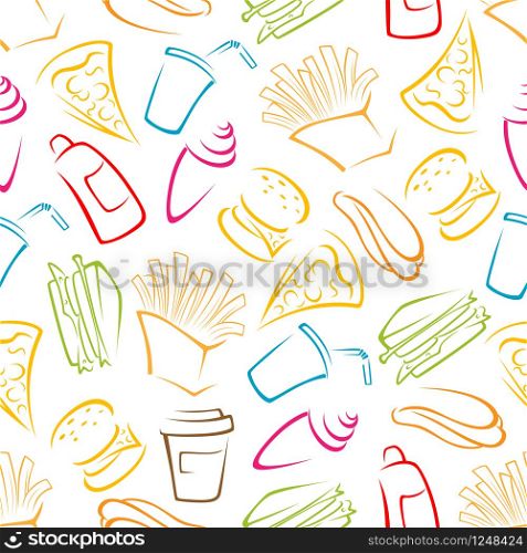 Colorful seamless fast food sketches pattern on white background with cheeseburgers, sandwiches, french fries, hot dogs, pizzas, takeaway cups of soda and coffee, ice cream cones and ketchup bottles