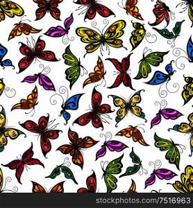 Colorful seamless flying butterflies pattern with open and close wings, adorned by openwork ornament on white background. Great for wallpaper, interior textile or nature backdrop design usage. Colorful seamless flying butterflies pattern