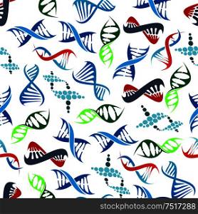 Colorful seamless human DNA helices pattern over white background with randomly scattered abstract modern molecule models. May be use as scientific research, health care or genetic science theme design. Abstract seamless human DNA helices pattern