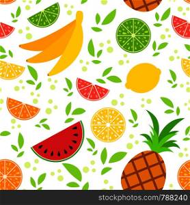 Colorful seamless pattern of appetizing tropical fruits on a white background. Simple flat vector illustration. For the design of paper wallpaper, fabric, wrapping paper, covers, web sites.