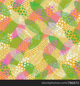 Colorful seamless pattern of leaves that are filled with abstract technical patterns and objects. Concept technical background with fresh color apple leaves.