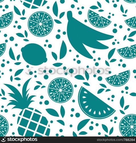 Colorful seamless pattern of silhouettes of tropical fruits on a white background. Simple flat vector illustration. For the design of paper wallpaper, fabric, wrapping paper, covers, web sites.