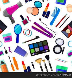 Colorful seamless pattern of tools for makeup and beauty on white background
