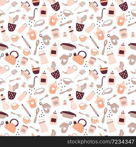 Colorful seamless pattern with cooking tools on white background. Backdrop with kitchen utensils for homemade meals preparation. Vector illustration in flat style for textile print, wrapping paper.. Colorful seamless pattern with cooking tools on white background. Backdrop with kitchen utensils for homemade meals preparation. Vector illustration in flat style for textile print, wrapping paper