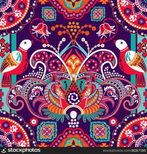 Colorful seamless pattern with decorative birds and flowers