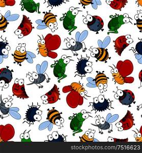Colorful seamless pattern with funny butterflies and bees, ladybugs and spotted caterpillars, fluffy spiders and mosquitoes, flies and grasshoppers insects. Colorful seamless pattern of insects
