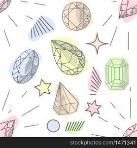 Colorful seamless pattern with gorgeous natural gemstones, mineral crystals, precious and semiprecious faceted stones hand drawn on white background. Colorful seamless pattern with gorgeous natural gemstones, mineral crystals, precious and semiprecious faceted stones hand drawn