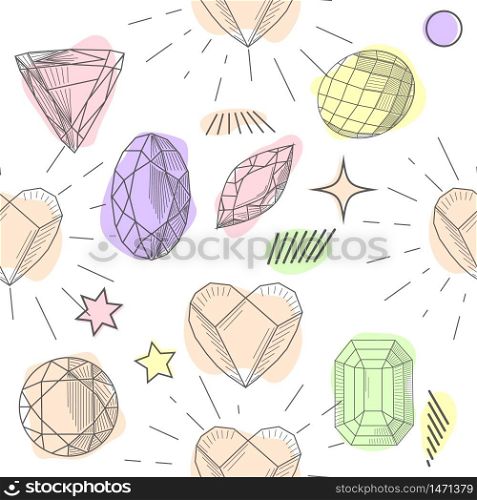 Colorful seamless pattern with hand drawn crystals and gems in pink, lilac tones with gold contour, illustration. Colorful seamless pattern with hand drawn crystals and gems in pink, lilac tones with gold contour