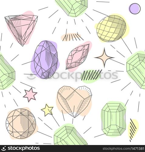 Colorful seamless pattern with hand drawn crystals and gems in pink, lilac tones with gold contour, illustration. Colorful seamless pattern with hand drawn crystals and gems in pink, lilac tones with gold contour