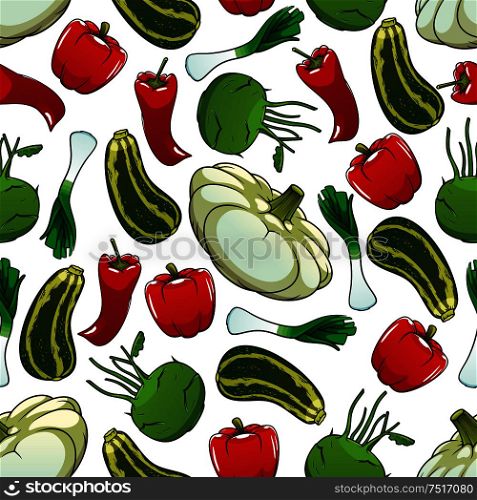 Colorful seamless pattern with sweet red bell peppers, striped green zucchinis, hot red chili peppers, crunchy kohlrabies, fresh leeks and pattypan squash on white background. Great for organic farming or kitchen interior design usage. Colorful seamless pattern of fresh vegetables
