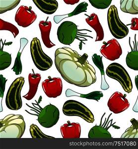 Colorful seamless pattern with sweet red bell peppers, striped green zucchinis, hot red chili peppers, crunchy kohlrabies, fresh leeks and pattypan squash on white background. Great for organic farming or kitchen interior design usage. Colorful seamless pattern of fresh vegetables