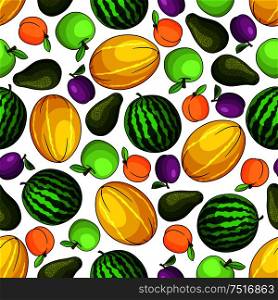 Colorful seamless pattern with watermelon and apples, melon and peach, avocado and plum fruits. Ripe fruits colorful seamless pattern