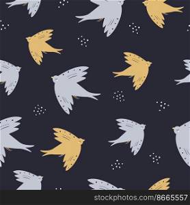 Colorful seamless pattern with yellow and blue birds on dark blue background.. Colorful seamless pattern with yellow and blue birds