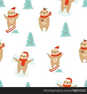 Colorful seamless patterns with cute sloths in winter clothing. Holiday design for prints, wallpapers, gift boxes.. Colorful seamless patterns with cute sloths in winter clothing
