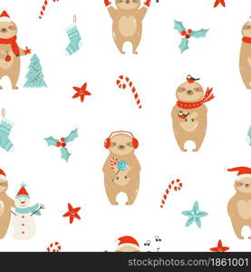 Colorful seamless patterns with cute sloths in winter clothing. Holiday design for prints, wallpapers, gift boxes.. Colorful seamless patterns with cute sloths in winter clothing