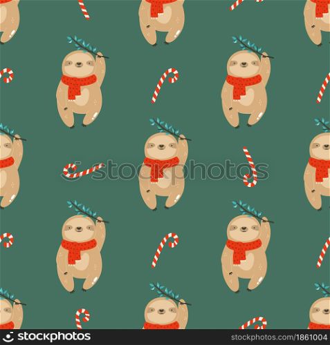 Colorful seamless patterns with cute sloths in winter clothing hanging on branches. Holiday design for prints, wallpapers, gift boxes.. Colorful seamless patterns with cute sloths in winter clothing