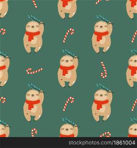 Colorful seamless patterns with cute sloths in winter clothing hanging on branches. Holiday design for prints, wallpapers, gift boxes.. Colorful seamless patterns with cute sloths in winter clothing