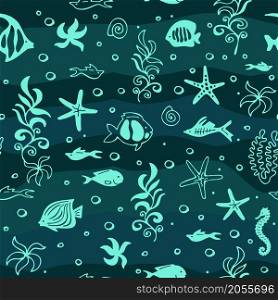 Colorful seamless sea pattern with cute fishes. Vector illustration.