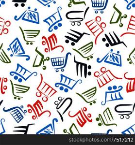 Colorful seamless shopping cart sketches pattern randomly scattered over white background. Retail business backdrop, textile design usage. Colorful shopping carts seamless pattern
