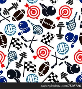 Colorful seamless sport items and equipment pattern of american football and volleyball, tennis and bowling balls, checkered racing flags, ice hockey sticks and pucks, rackets and dumbbells, archery targets and ninepins on white background. Sport items color seamless pattern