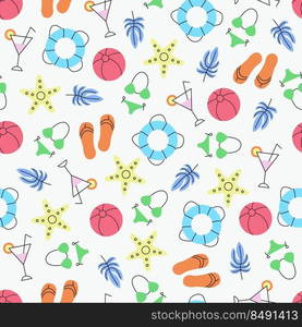 Colorful seamless summer pattern with hand drawn beach elements, flip flops, beach ball, tropical plants, life buoy, swimsuit, martini cocktail, starfish on white background. Vector