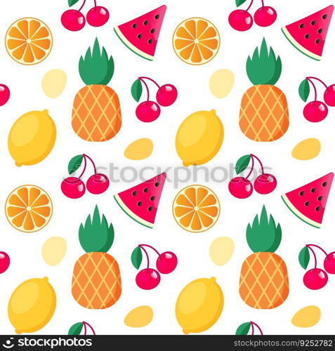 Colorful seamless summer pattern with lemons, cherry, pineapple and orange. Fashion print design, vector illustration. Colorful seamless summer pattern with lemons, cherry, pineapple and orange