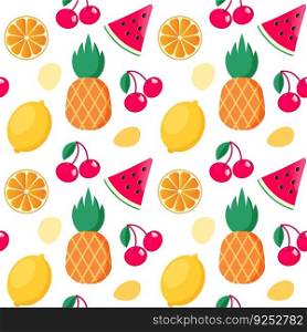 Colorful seamless summer pattern with lemons, cherry, pineapple and orange. Fashion print design, vector illustration. Colorful seamless summer pattern with lemons, cherry, pineapple and orange
