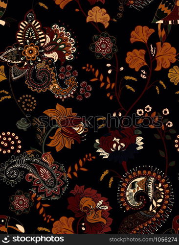 Colorful seamless vector pattern. Stylized flowers and plants background. Ethnic floral wallpaper. Design for textile, fabric, cover, wrapping paper, wallpaper. Decorative flowers on a dark backdrop. Colorful seamless vector pattern. Stylized flowers and plants background. Ethnic floral wallpaper. Design for textile, fabric, cover, wrapping paper, wallpaper. Decorative flowers on a dark background