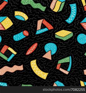 Colorful seamless vector pattern with hand drawn doodles and geometric shapes on black background. Retro looks, hipster graphic template background