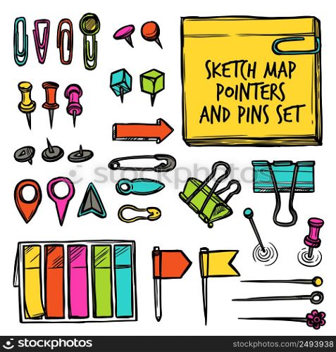 Colorful set drawn in sketch style of stationery map pointers and pins isolated vector illustration. Map Pointers And Pins Sketch