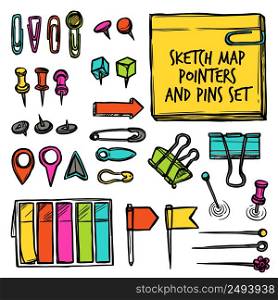Colorful set drawn in sketch style of stationery map pointers and pins isolated vector illustration. Map Pointers And Pins Sketch