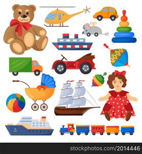 Colorful set of children&rsquo;s toys. A doll, a teddy bear, cars, a helicopter, a sailboat and ships. Vector illustration.