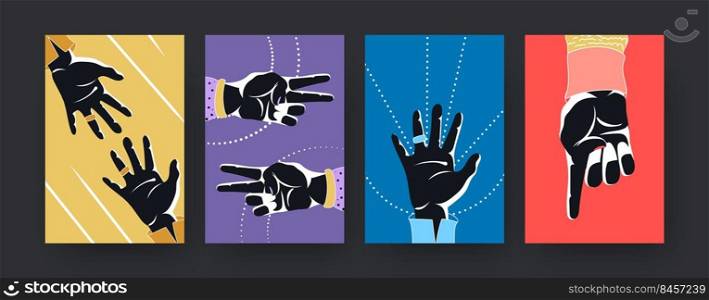 Colorful set of contemporary art posters with hands silhouettes. Vector illustration.  Collection of hands counting on fingers in colored background. Finger counting, number, numeral concept for design