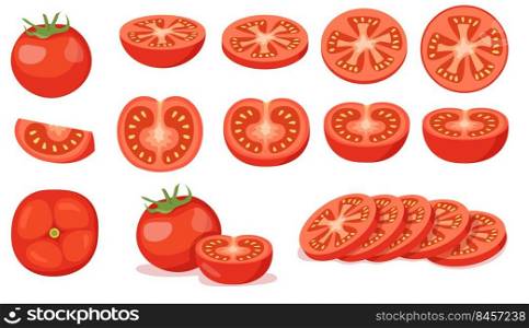 Colorful set of cut and full red tomatoes. Cartoon vector illustration. Tomatoes in different angles and shapes, cut into pieces, fresh farm products. Vegetable, food, agriculture, harvest concept