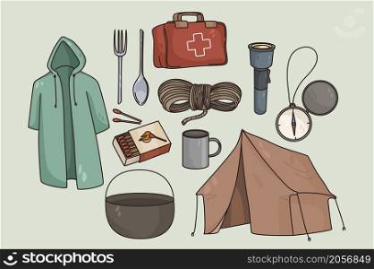 Colorful set of elements and garment for camping or hiking. Collection of equipment or tools for tourist trekking or survival in wild. Travel and outdoor vacation concept. Flat vector illustration. . Colorful set of tools for hiking or camping