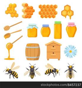 Colorful set of honey symbols. Cartoon vector illustration. Bee honeycomb, wooden beehive, barrel, glass jars, spoons, bees, flower isolated in white background. Bee, honey, beekeeping concept