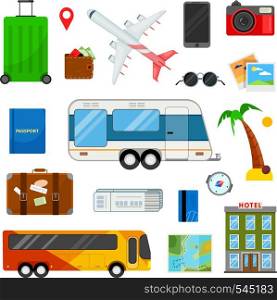 Colorful set of icons for travel in flat style on white background