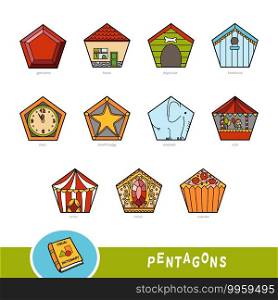 Colorful set of pentagon shape objects. Visual dictionary for children about geometric shapes. Education set for studying geometry.